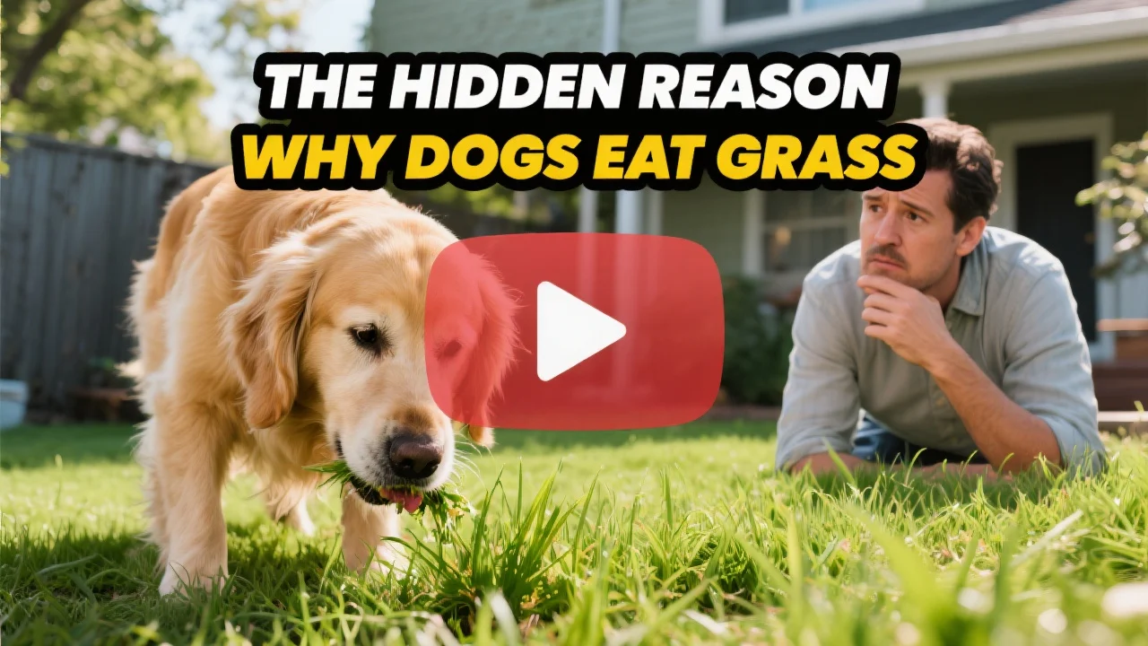 Concerned dog owner watching dog eat grass